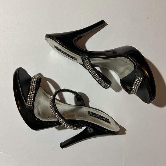 Playboy, Strappy Rhinestone 5.5" Black and Silver Heels, sz 9, Y2K - Picture 3 of 8